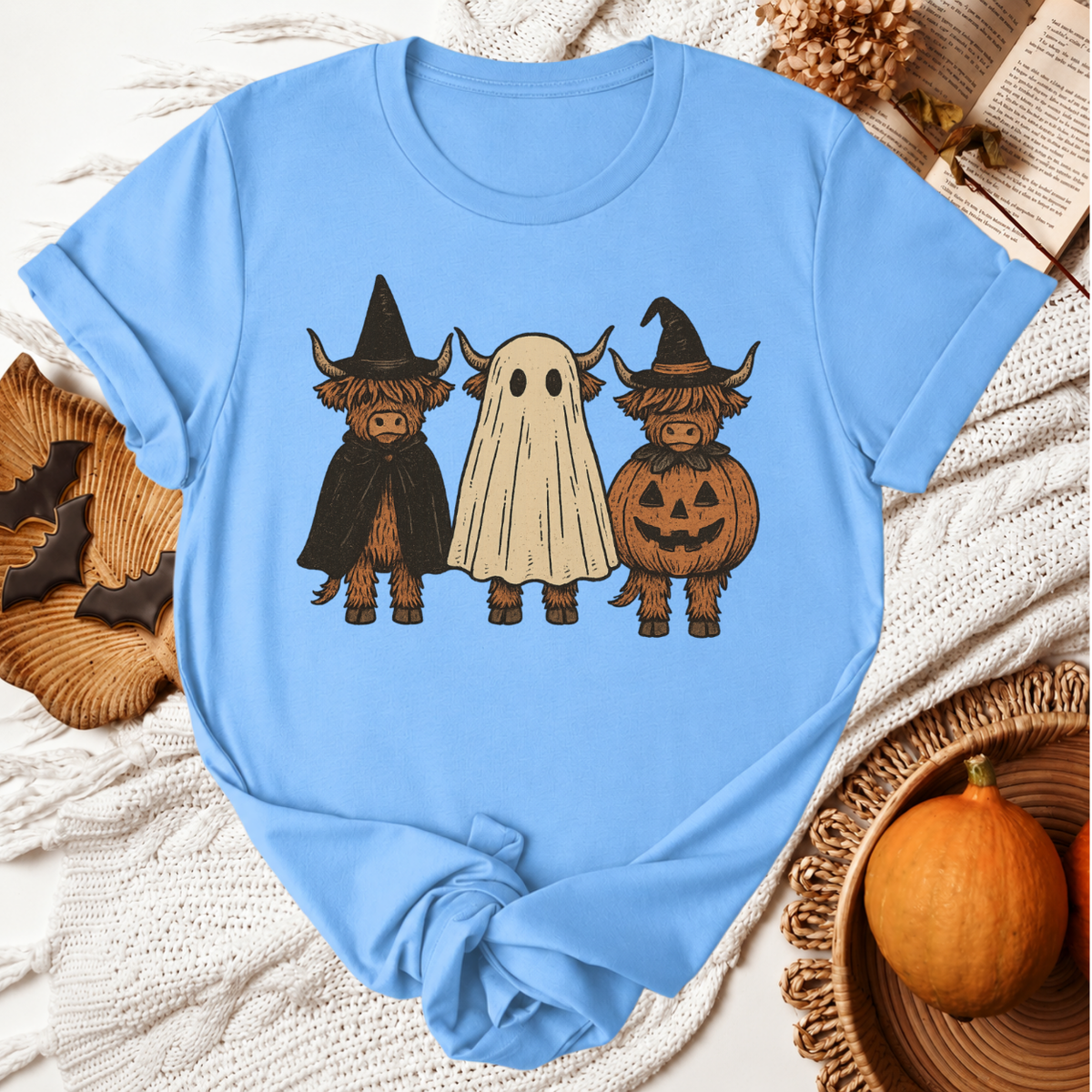 Highland Cow Boo Halloween T-Shirt - Carolina Blue