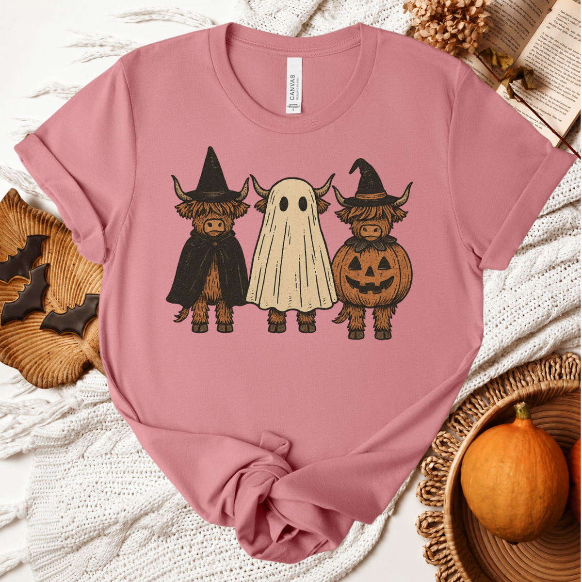 Highland Cow Boo Halloween T-Shirt - Mauve