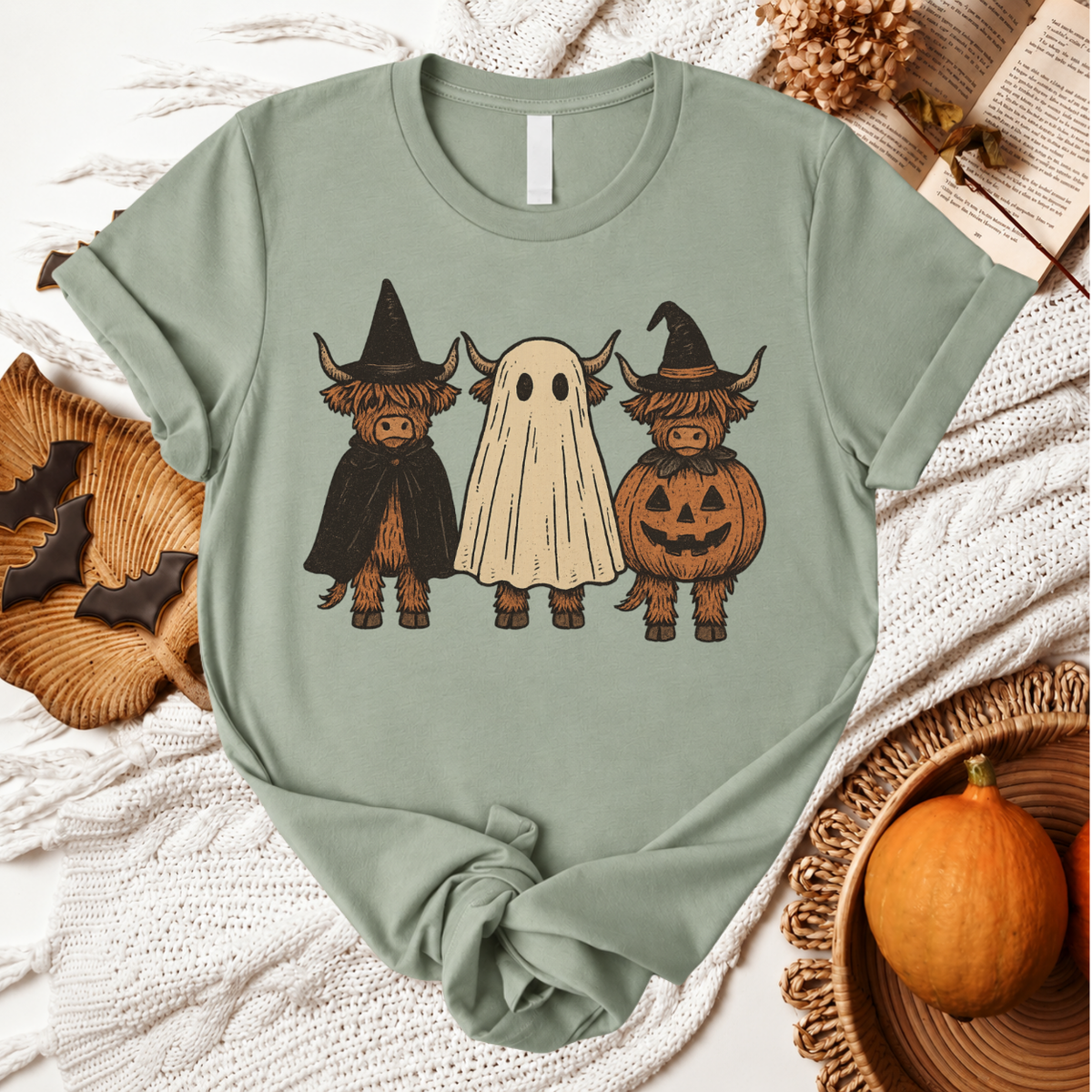 Highland Cow Boo Halloween T-Shirt - Sage
