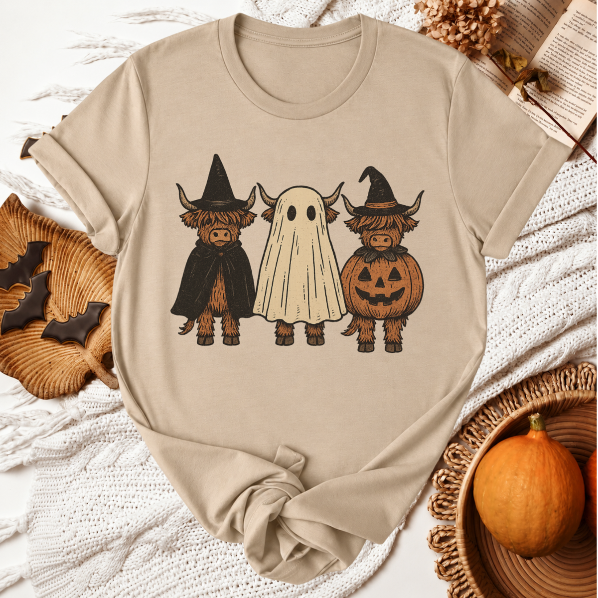 Highland Cow Boo Halloween T-Shirt - Tan