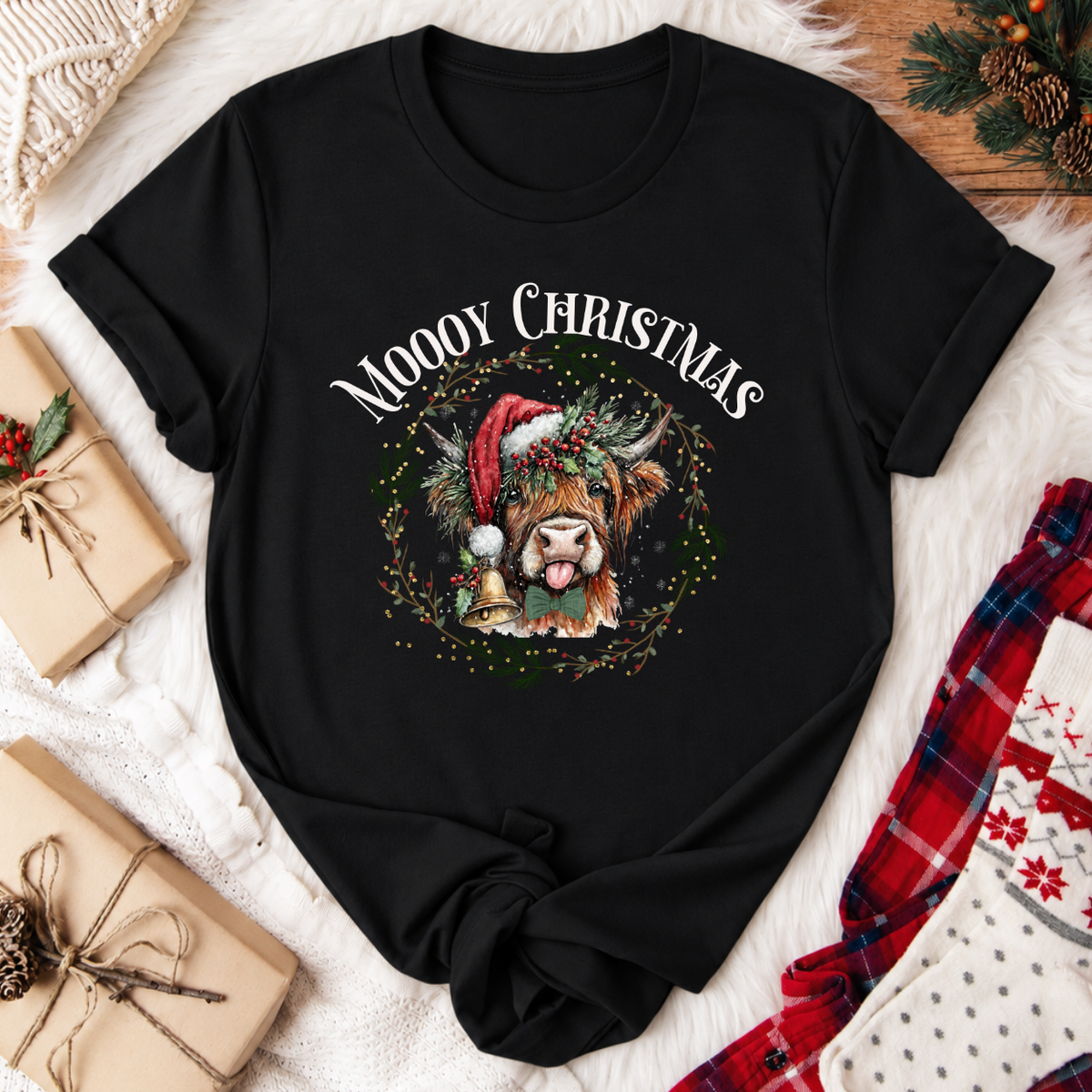 MOOOY Christmas Highland Cow T-Shirt - Black