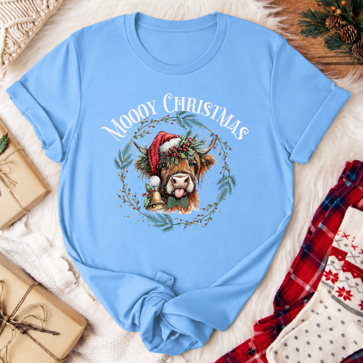 MOOOY Christmas Highland Cow T-Shirt - Carolina Blue