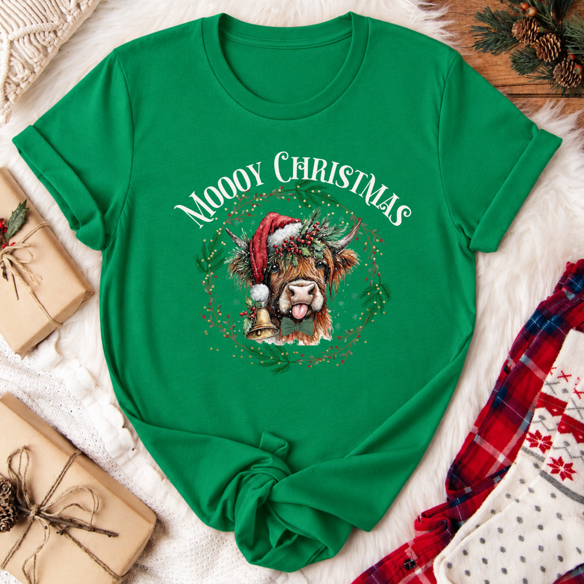 MOOOY Christmas Highland Cow T-Shirt - Kelly Green