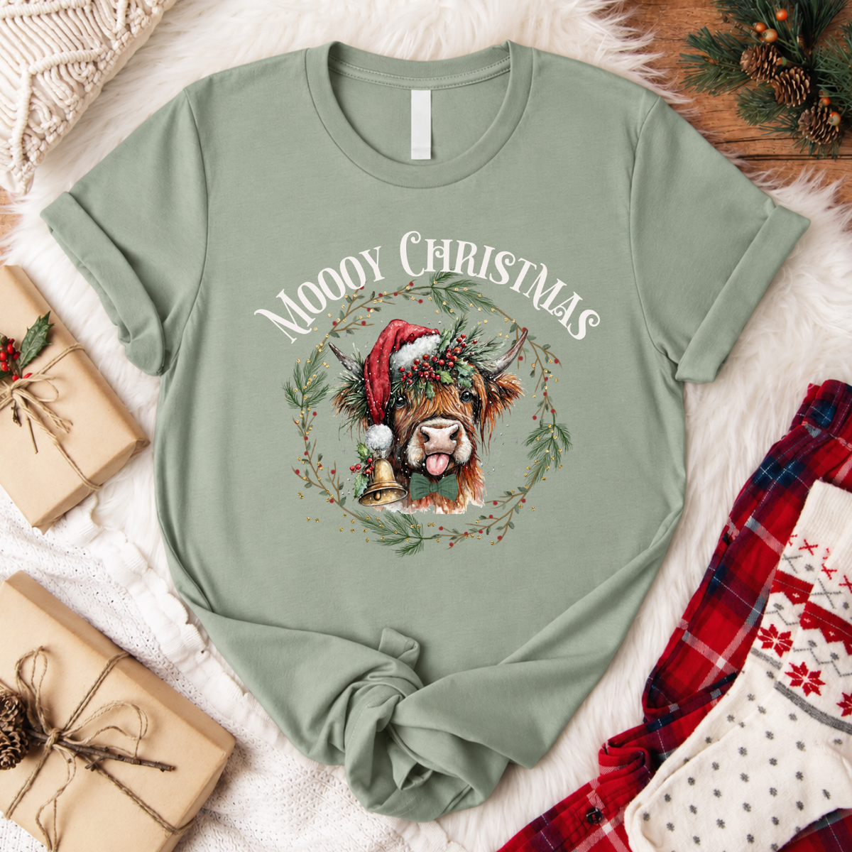 MOOOY Christmas Highland Cow T-Shirt - Sage