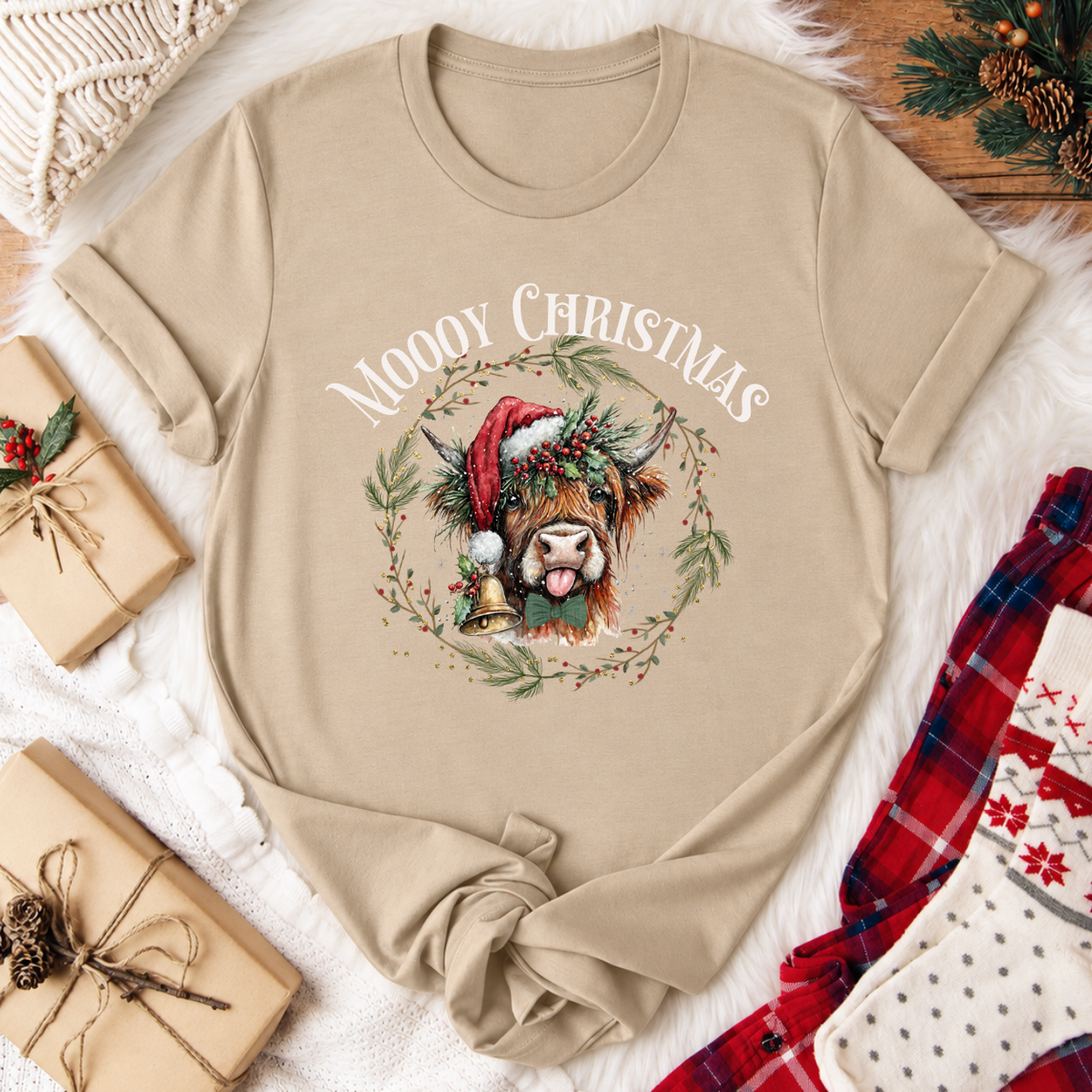 MOOOY Christmas Highland Cow T-Shirt - Tan