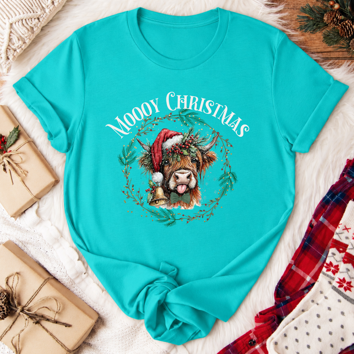 MOOOY Christmas Highland Cow T-Shirt - Teal
