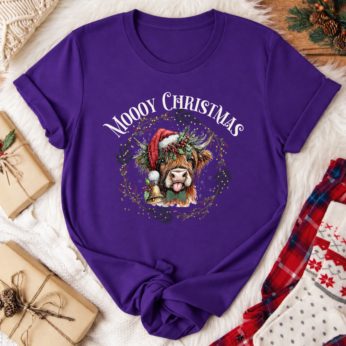 MOOOY Christmas Highland Cow T-Shirt - Team Purple