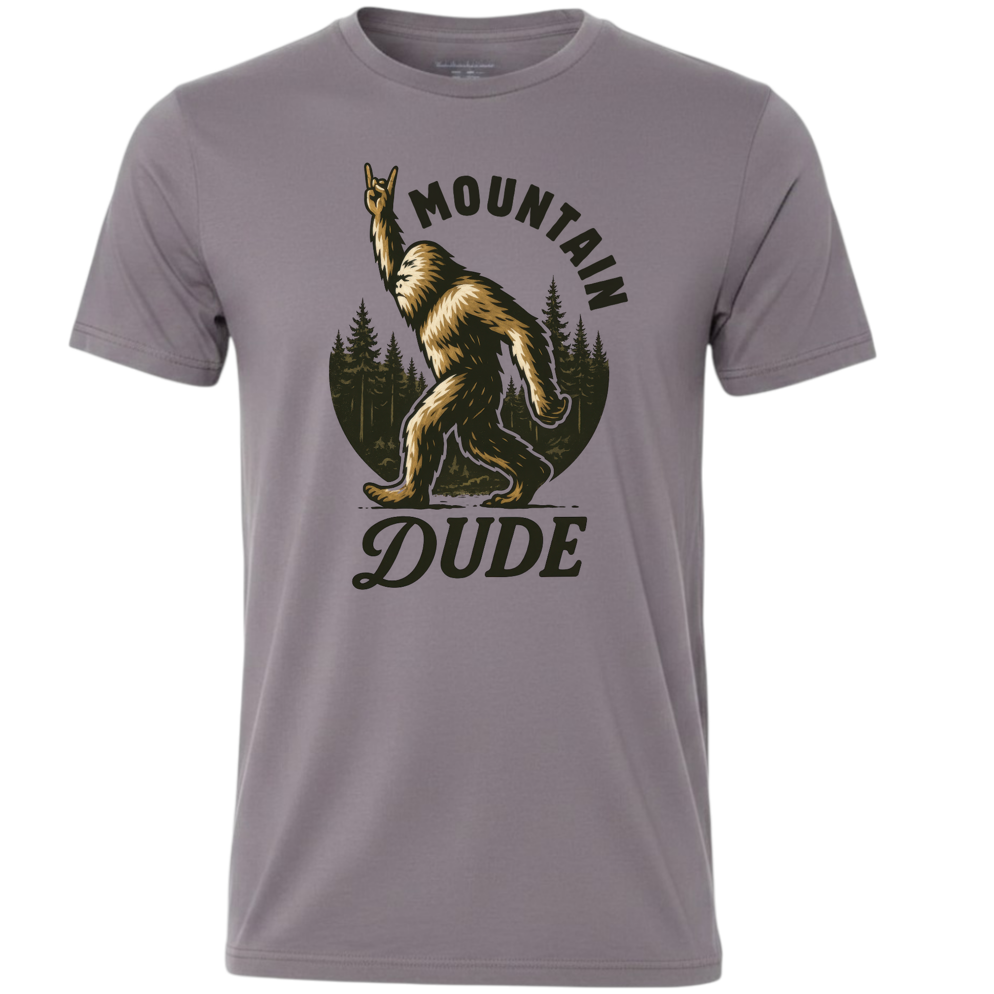 Gray Storm crewneck T-shirt featuring the Mountain Dude Bigfoot graphic with a Sasquatch making a rock-on hand gesture in front of pine trees.