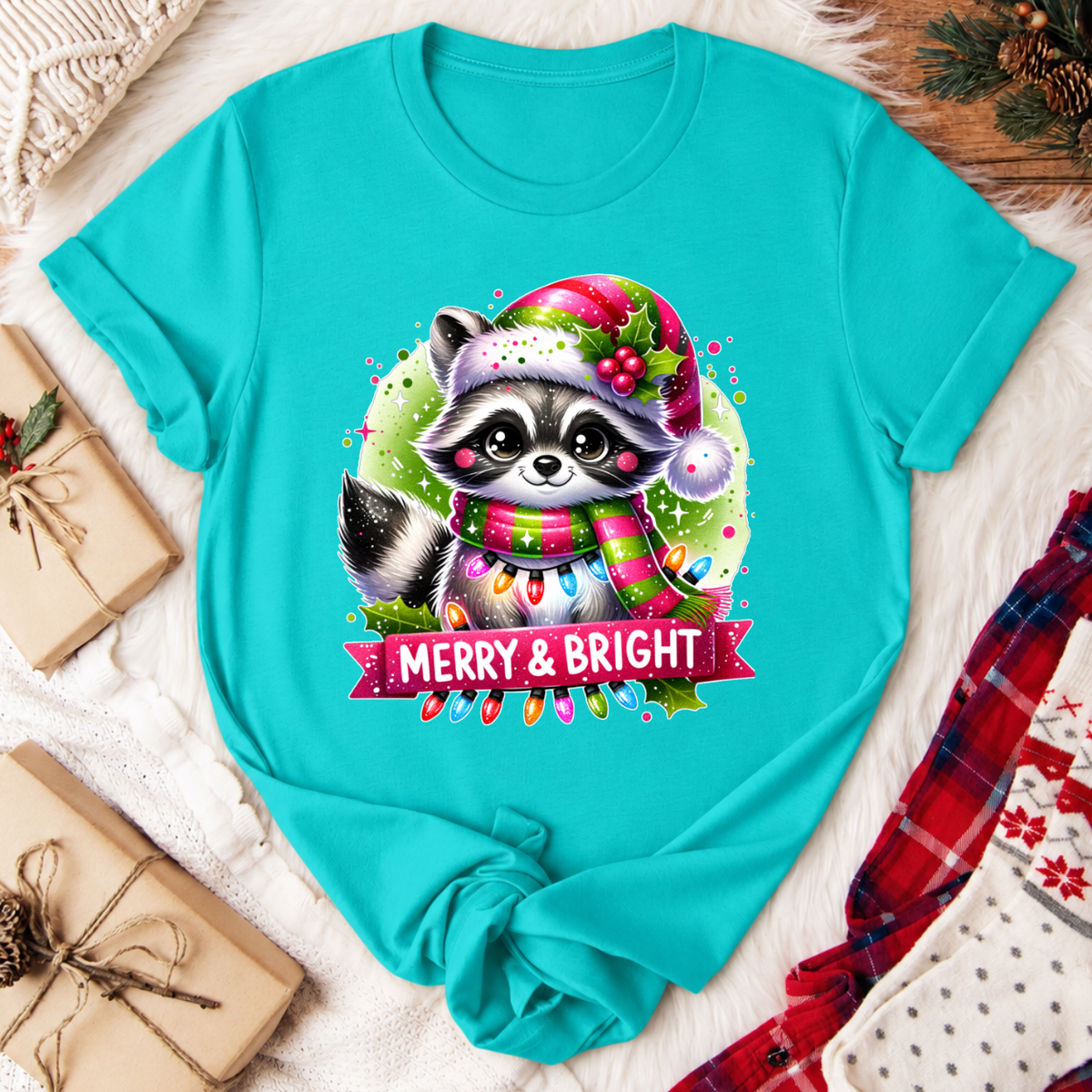 Merry & Bright Raccoon Christmas T-Shirt - Teal