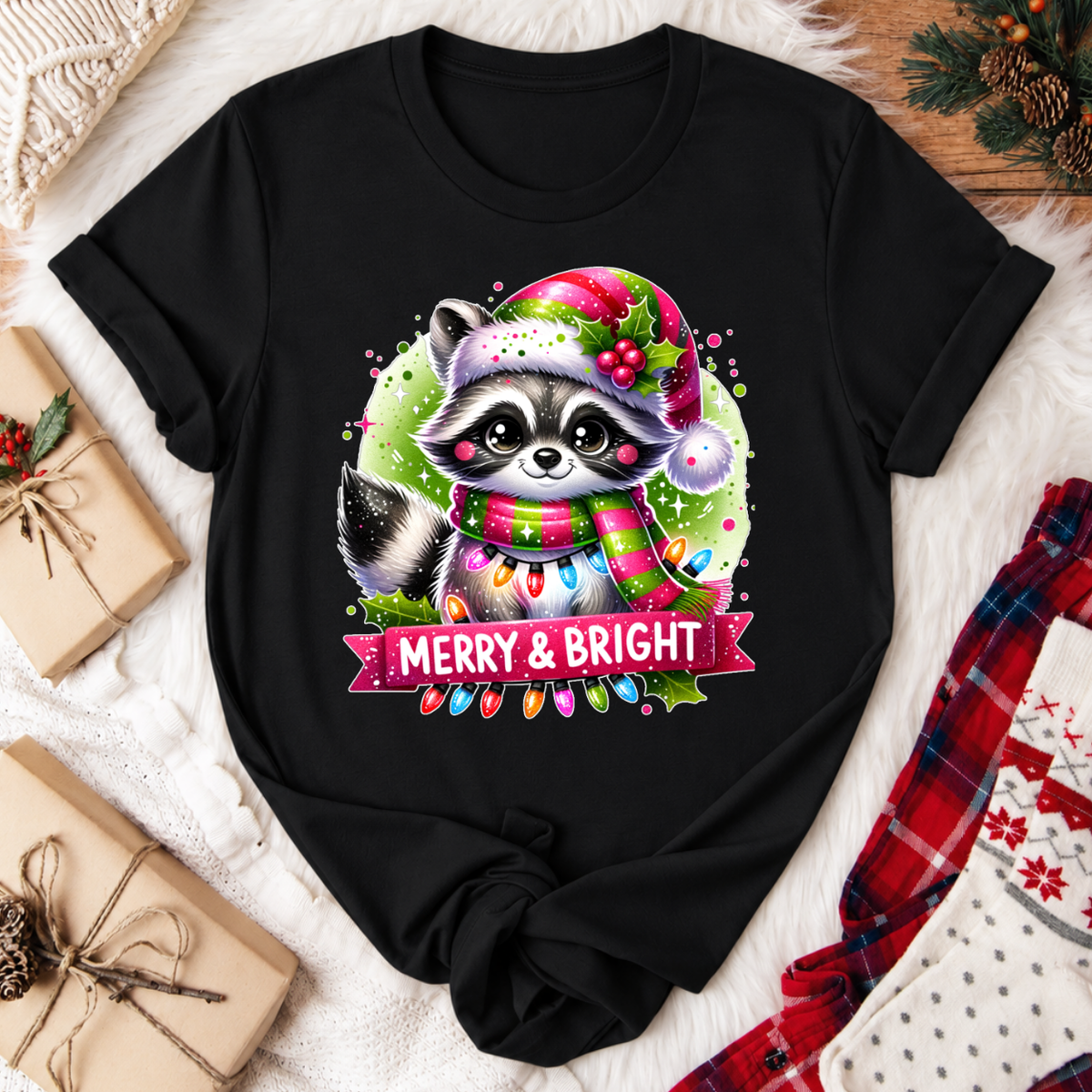 Merry & Bright Raccoon Christmas T-Shirt - Black