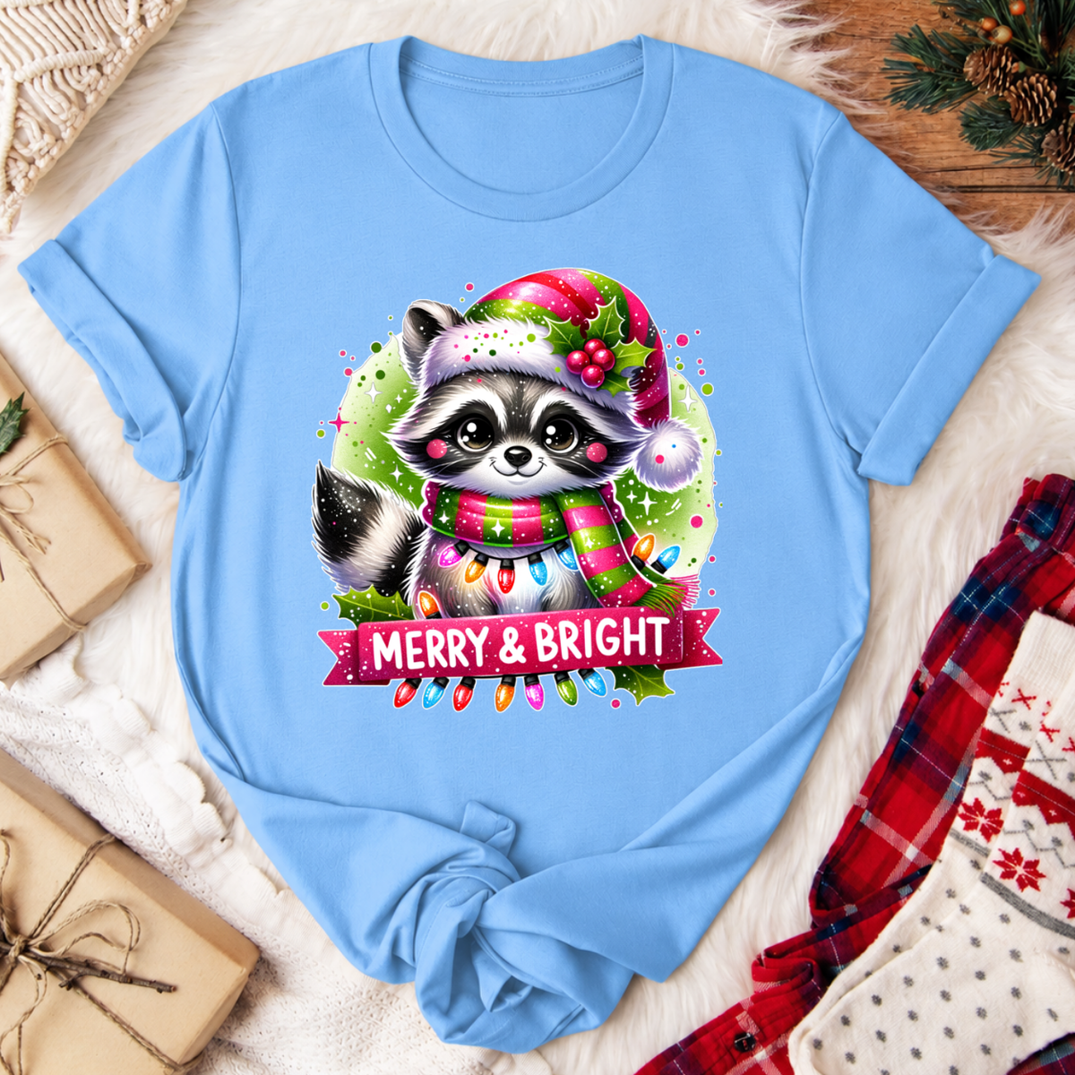 Merry & Bright Raccoon Christmas T-Shirt - Carolina Blue