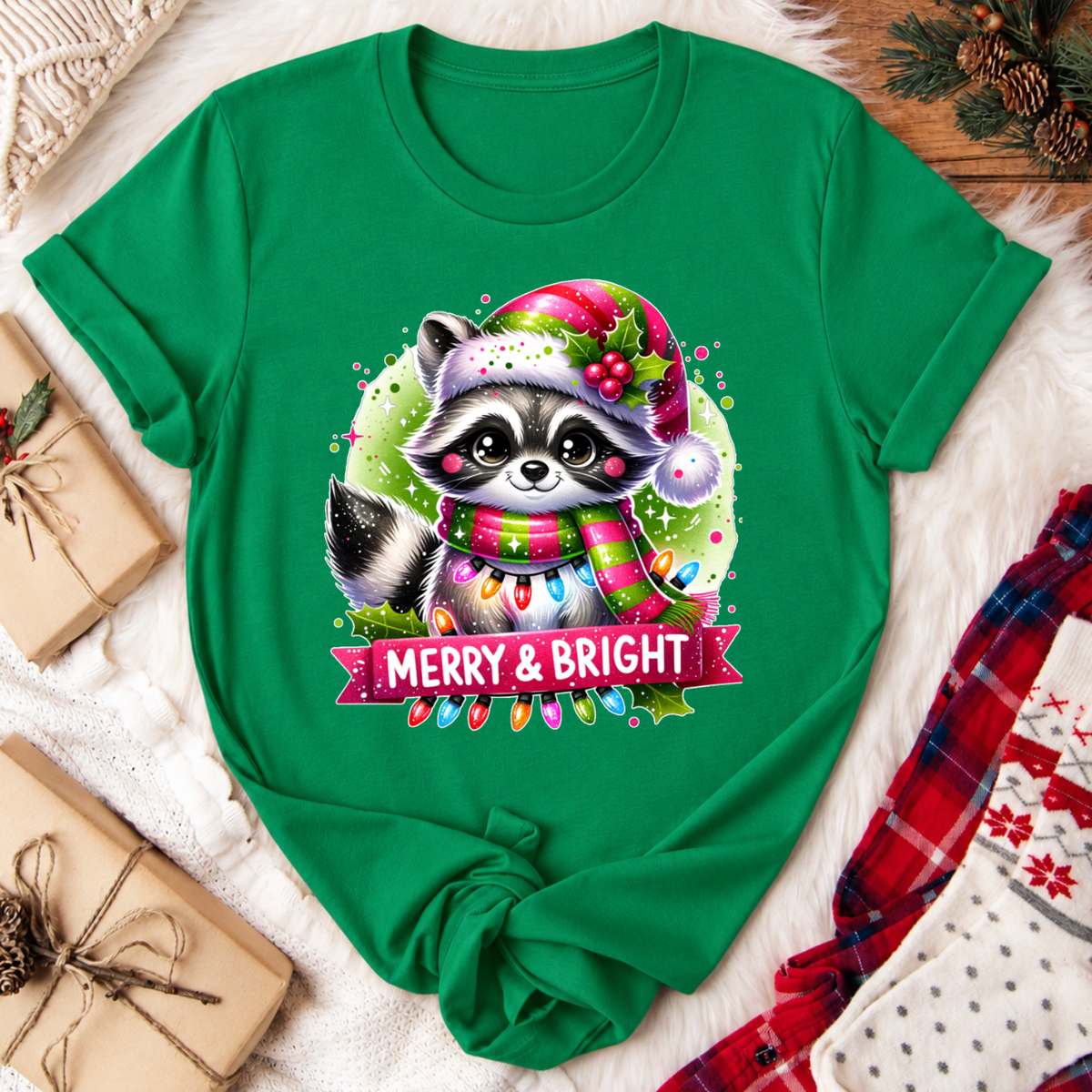 Merry & Bright Raccoon Christmas T-Shirt - Kelly Green