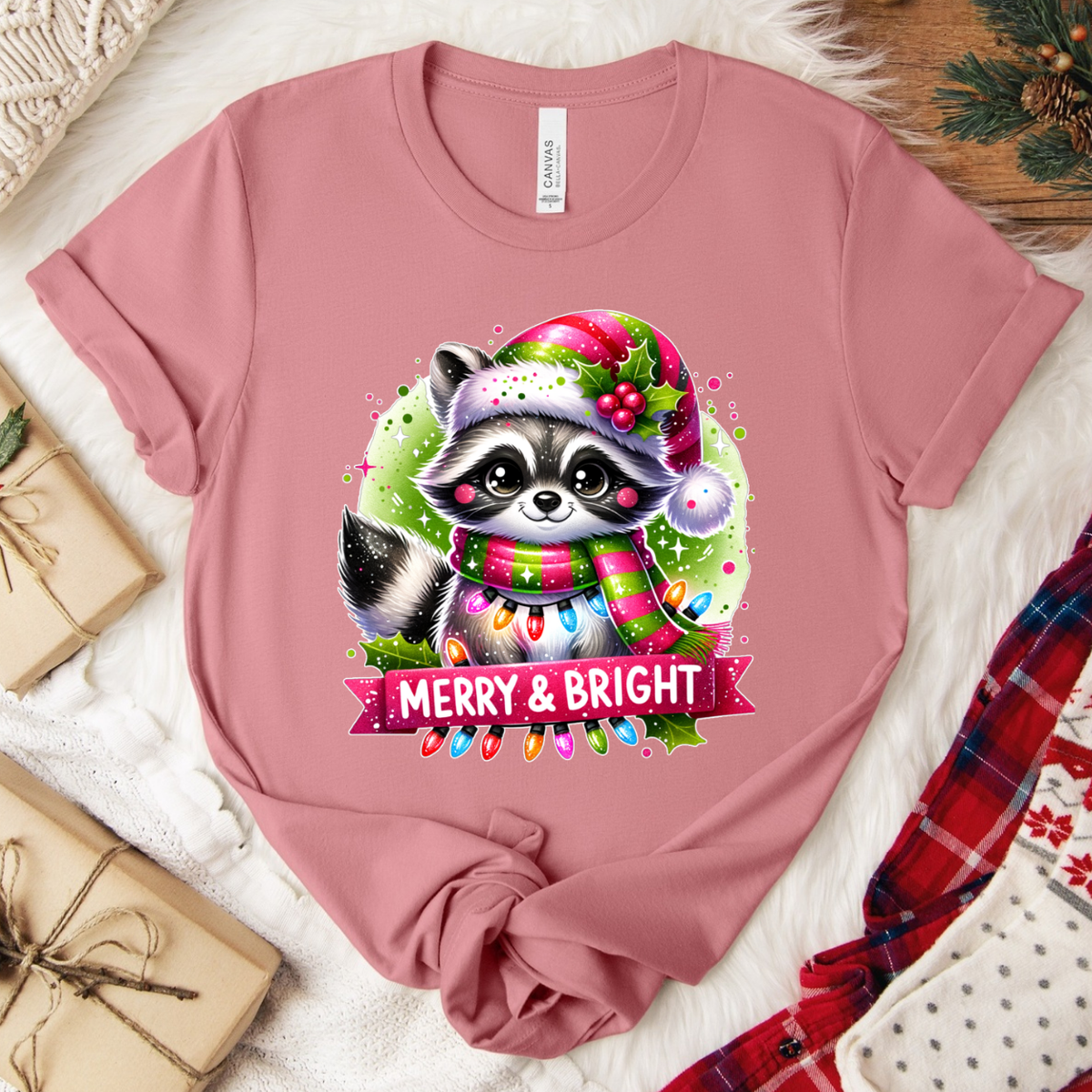 Merry & Bright Raccoon Christmas T-Shirt - Mauve