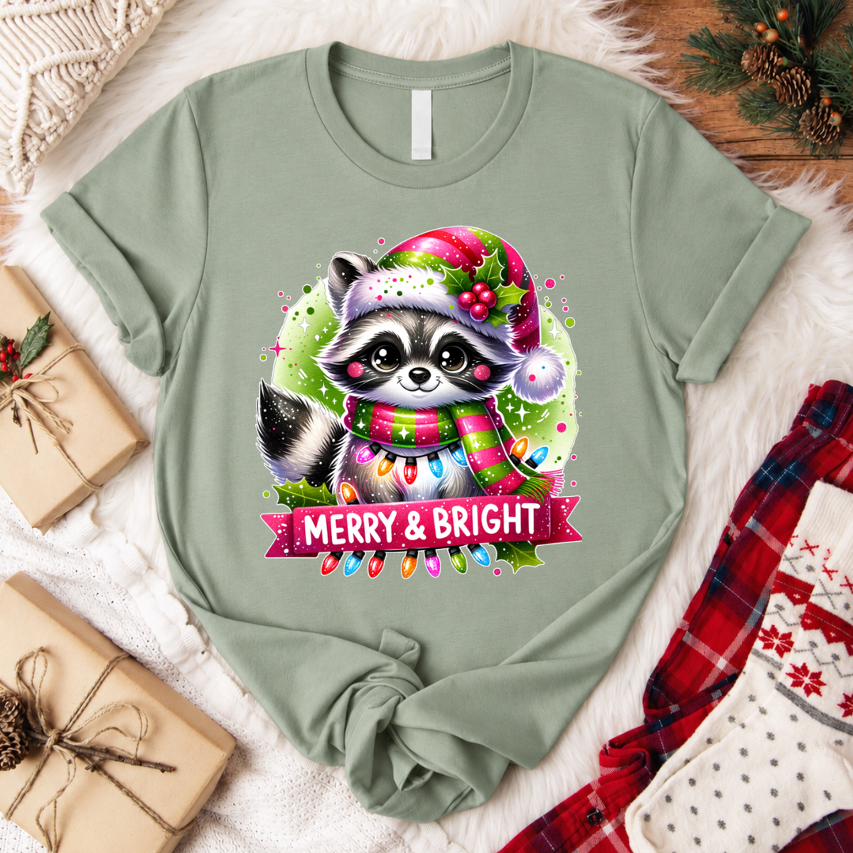 Merry & Bright Raccoon Christmas T-Shirt - Sage