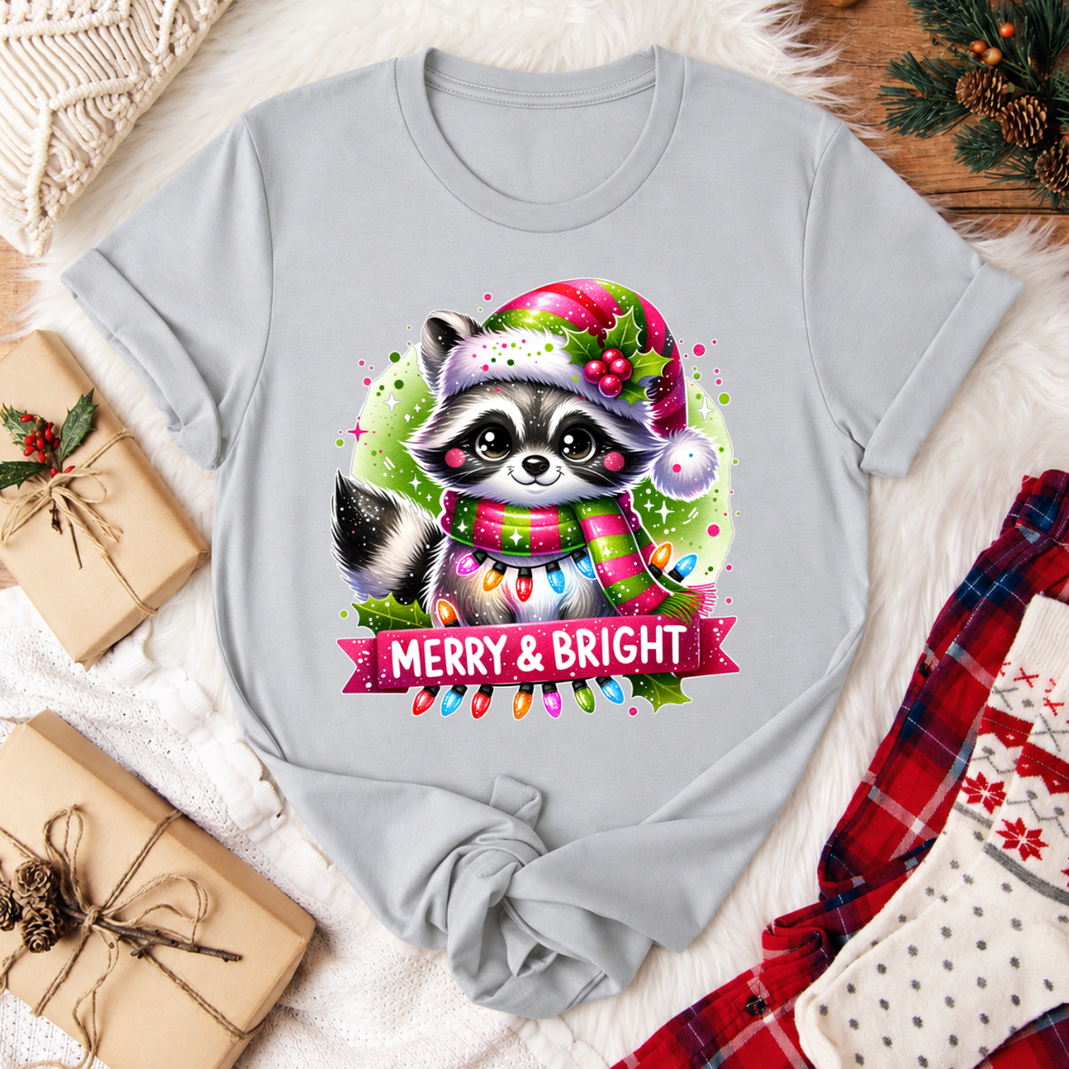 Merry & Bright Raccoon Christmas T-Shirt - Silver