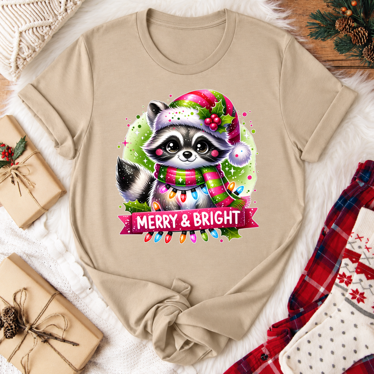 Merry & Bright Raccoon Christmas T-Shirt - Tan