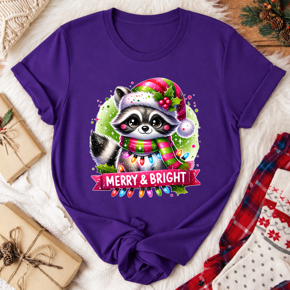 Merry & Bright Raccoon Christmas T-Shirt - Team Purple