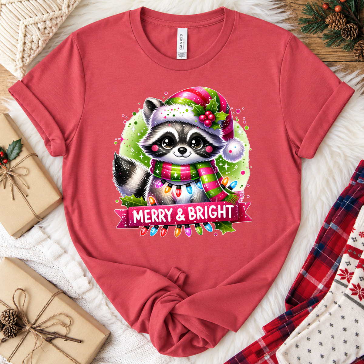 Merry & Bright Raccoon Christmas T-Shirt - Vintage Red
