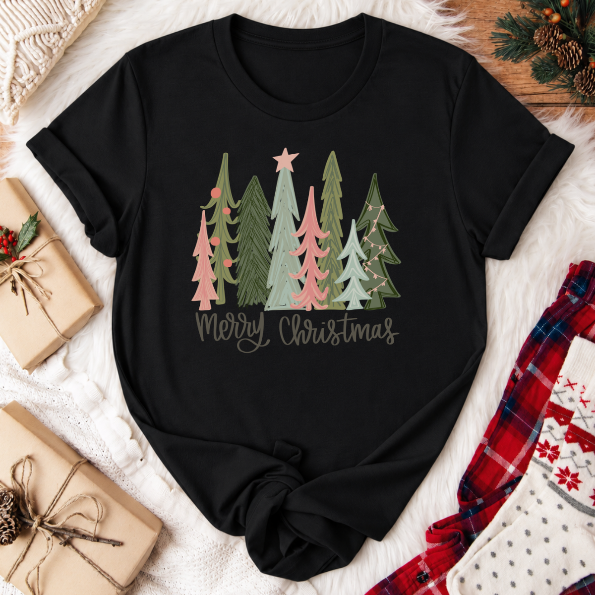 Merry Christmas Tree T-Shirt - Black