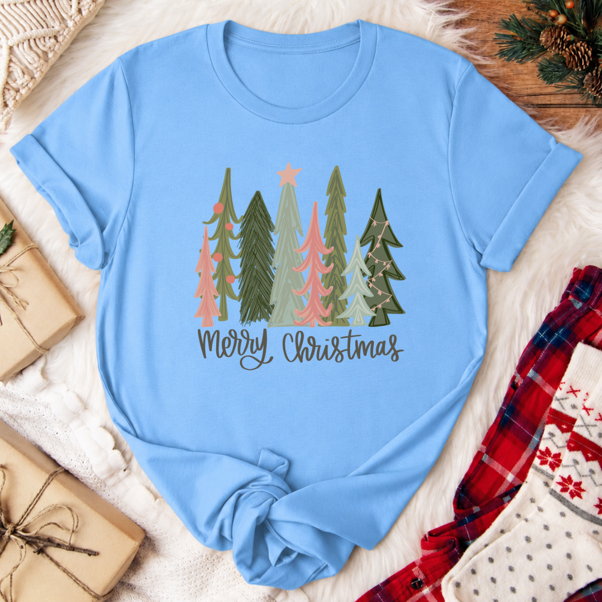 Merry Christmas Tree T-Shirt - Carolina Blue