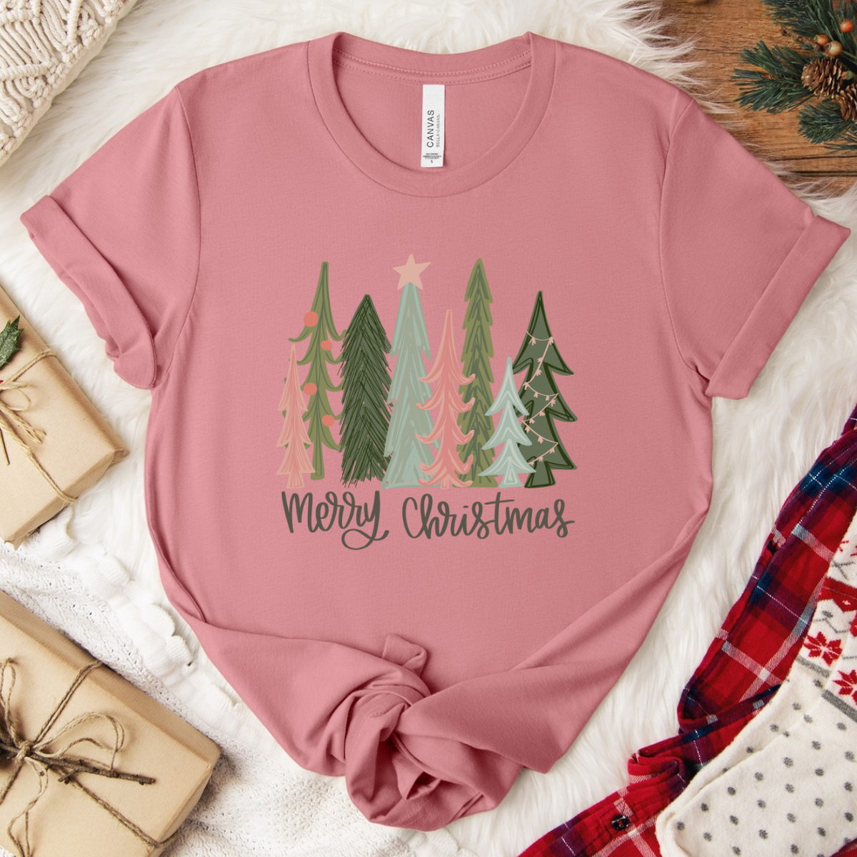 Merry Christmas Tree T-Shirt - Mauve