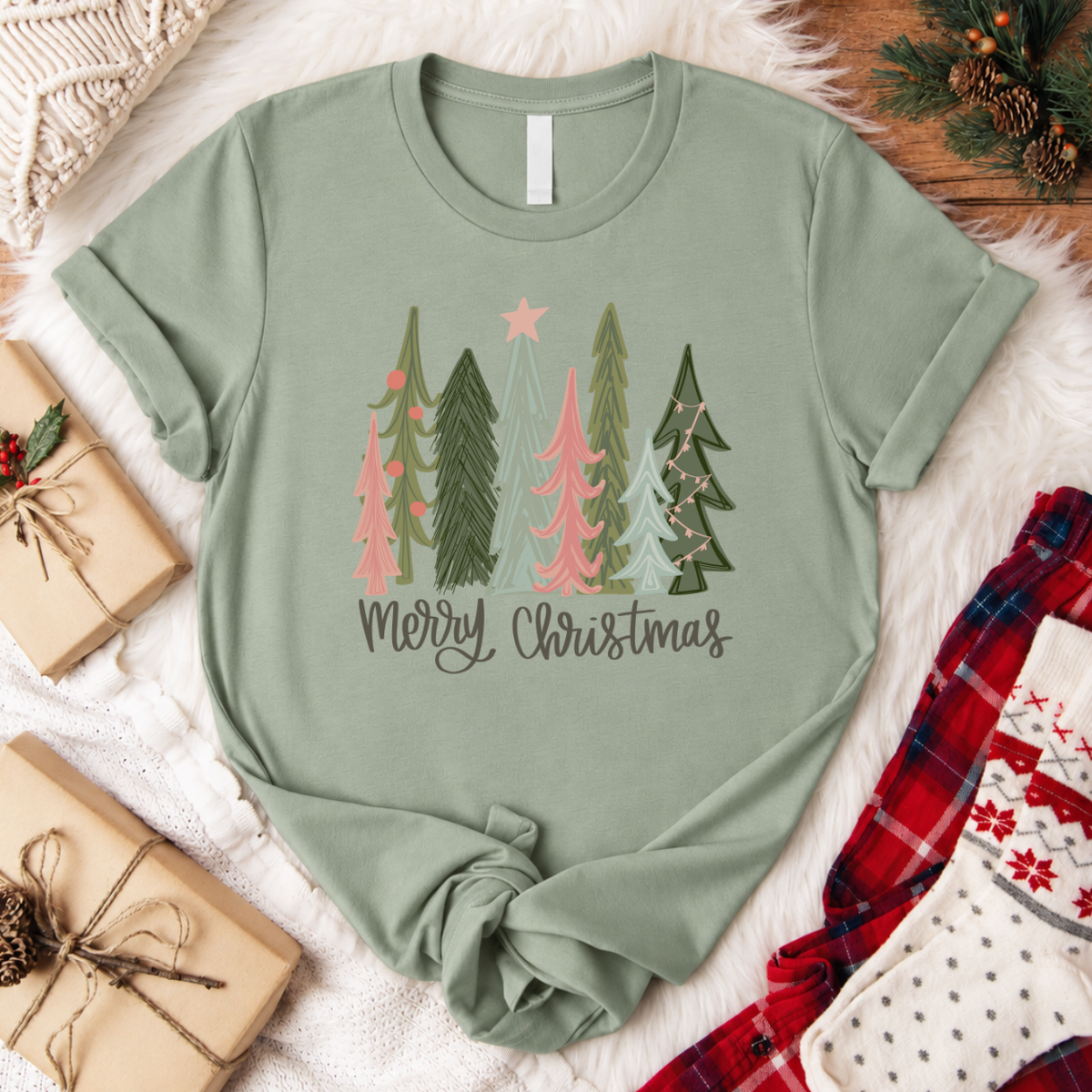 Merry Christmas Tree T-Shirt - Sage