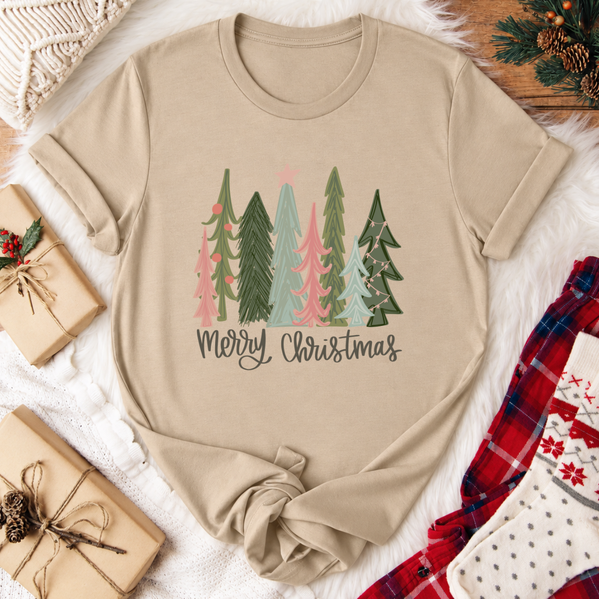 Merry Christmas Tree T-Shirt - Tan