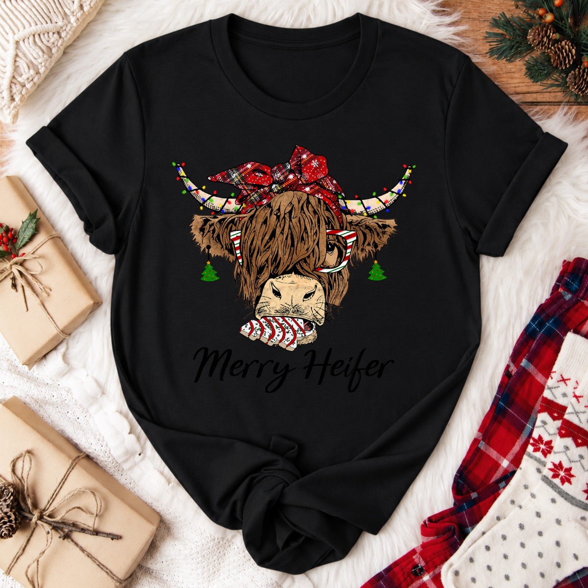 Merry Heifer Highland Cow Christmas T-Shirt - Black