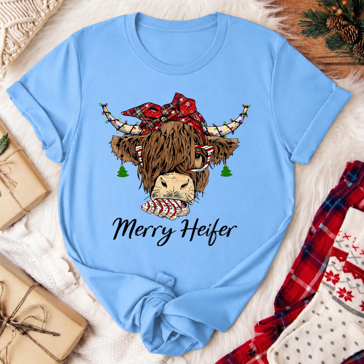 Merry Heifer Highland Cow Christmas T-Shirt - Carolina Blue