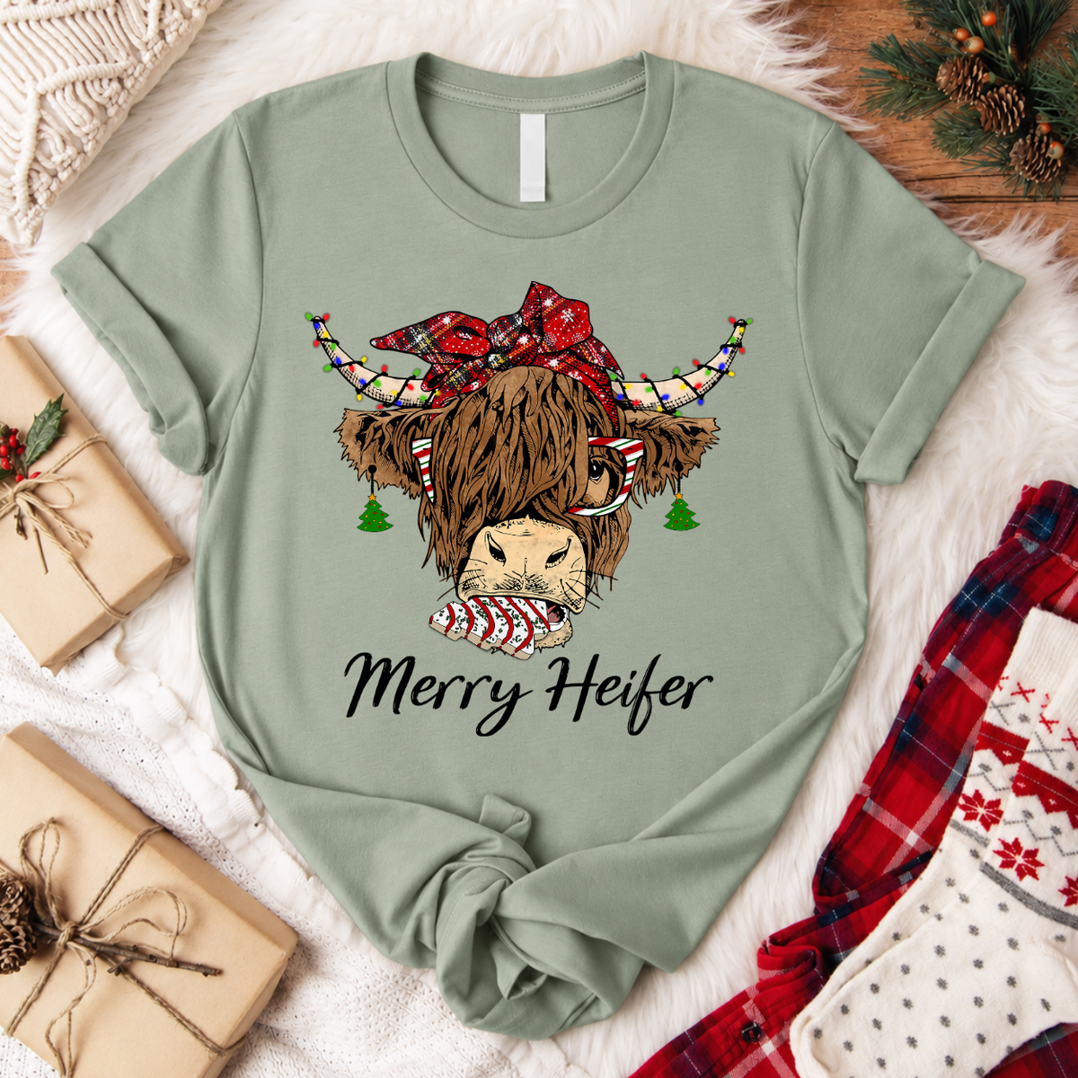 Merry Heifer Highland Cow Christmas T-Shirt - Sage