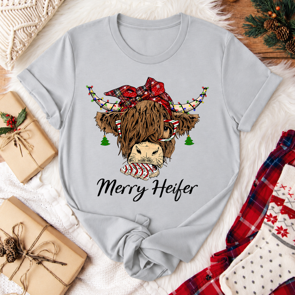 Merry Heifer Highland Cow Christmas T-Shirt - Silver