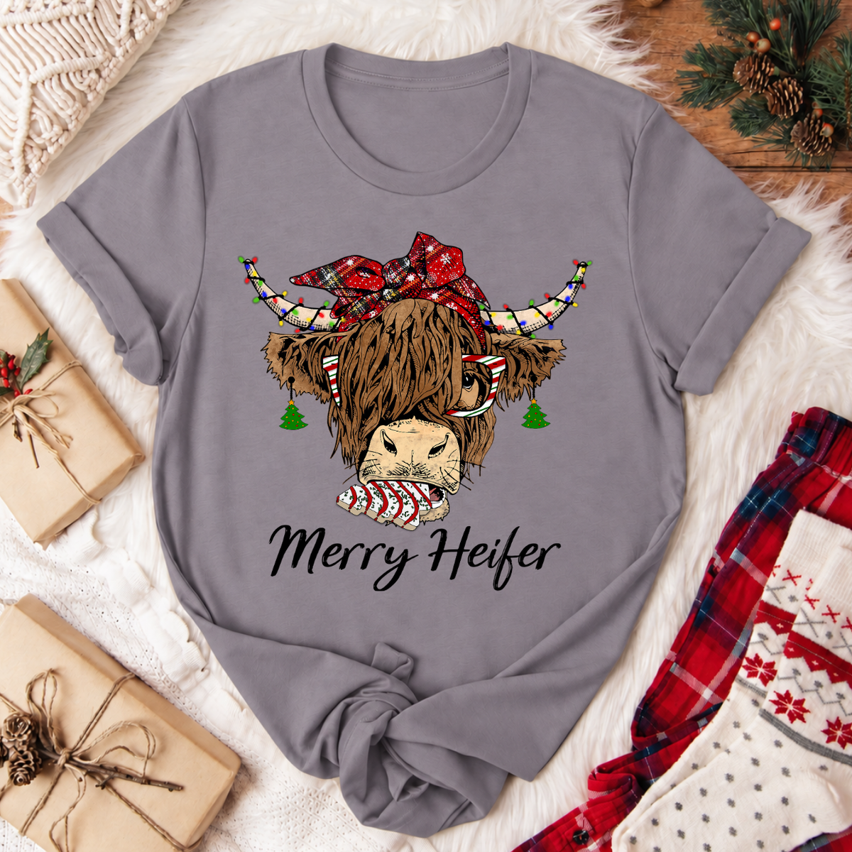 Merry Heifer Highland Cow Christmas T-Shirt - Storm