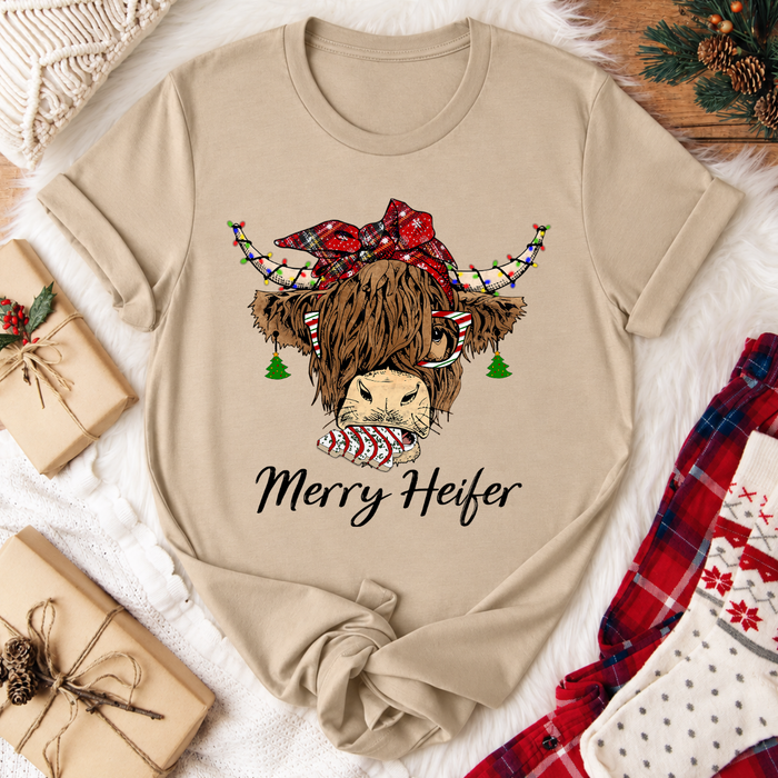 Merry Heifer Highland Cow Christmas T-Shirt - Tan