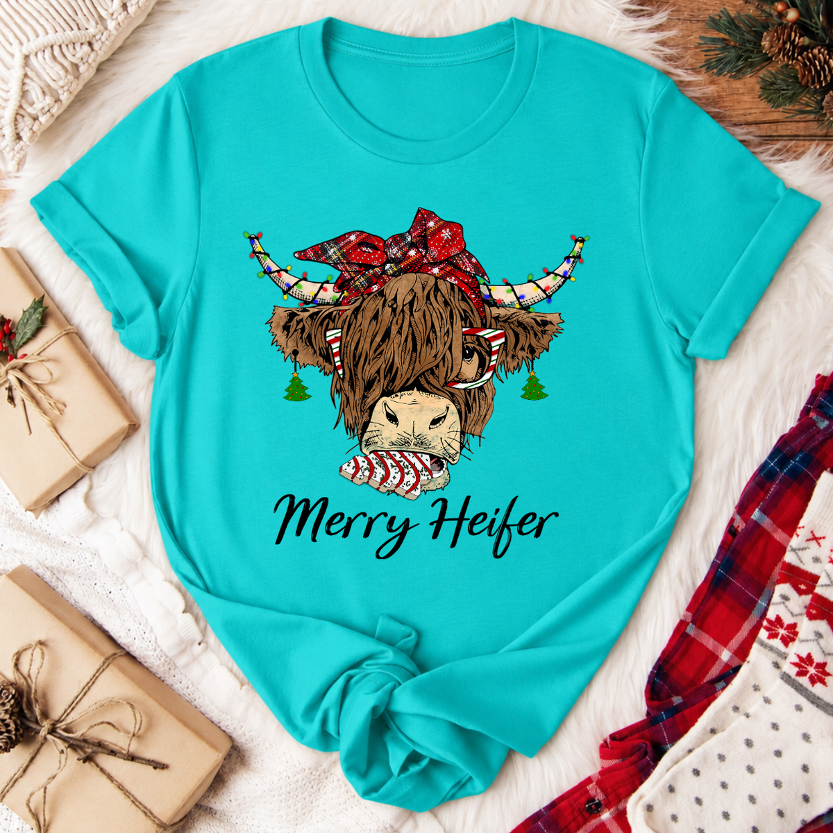 Merry Heifer Highland Cow Christmas T-Shirt - Teal
