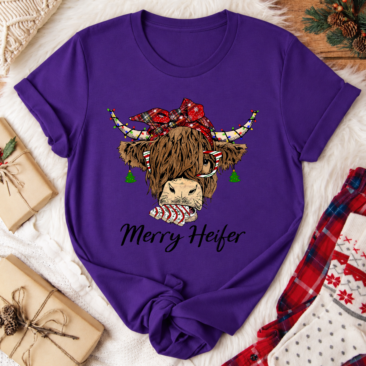 Merry Heifer Highland Cow Christmas T-Shirt - Team Purple
