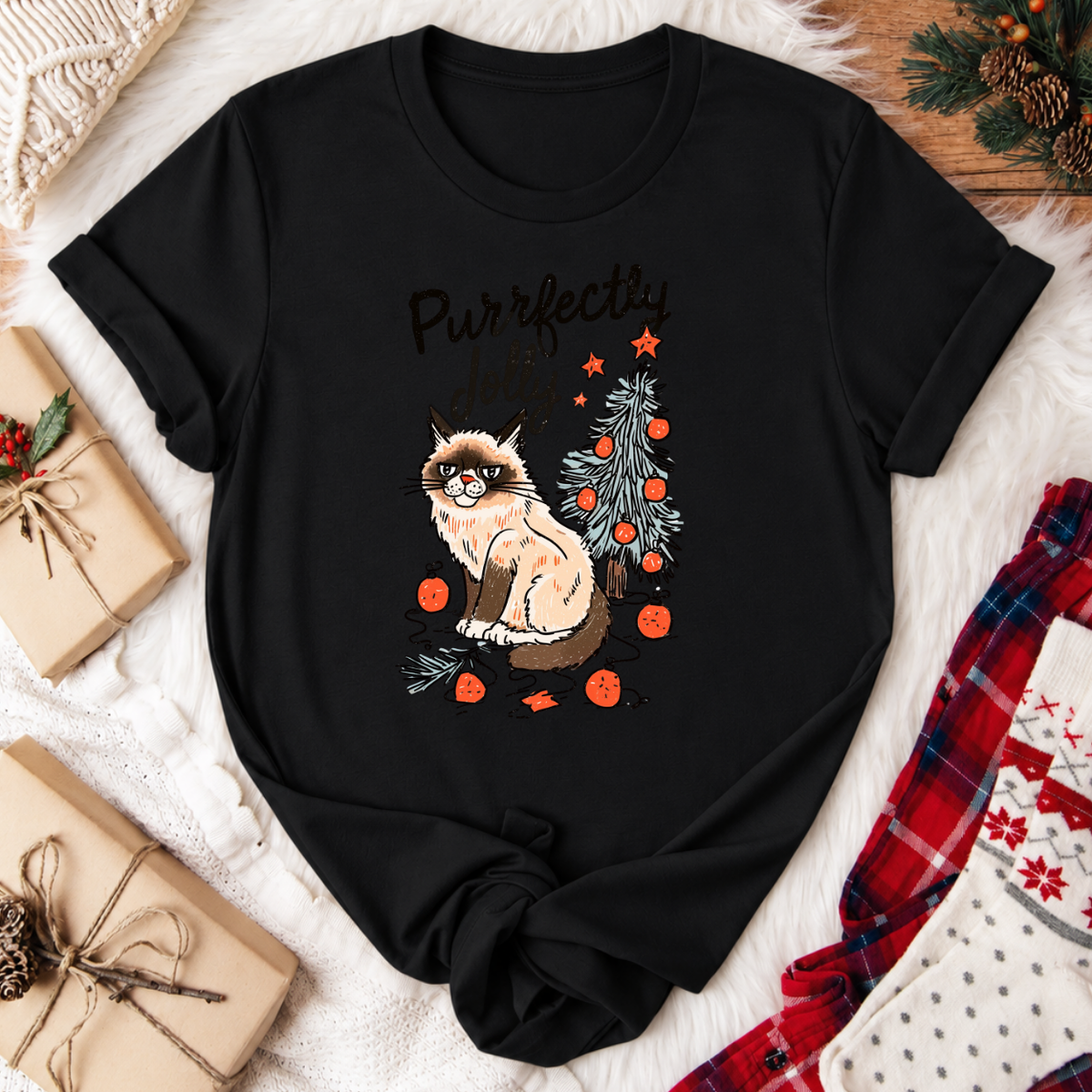 Purrfectly Jolly Cat Christmas T-Shirt - Black