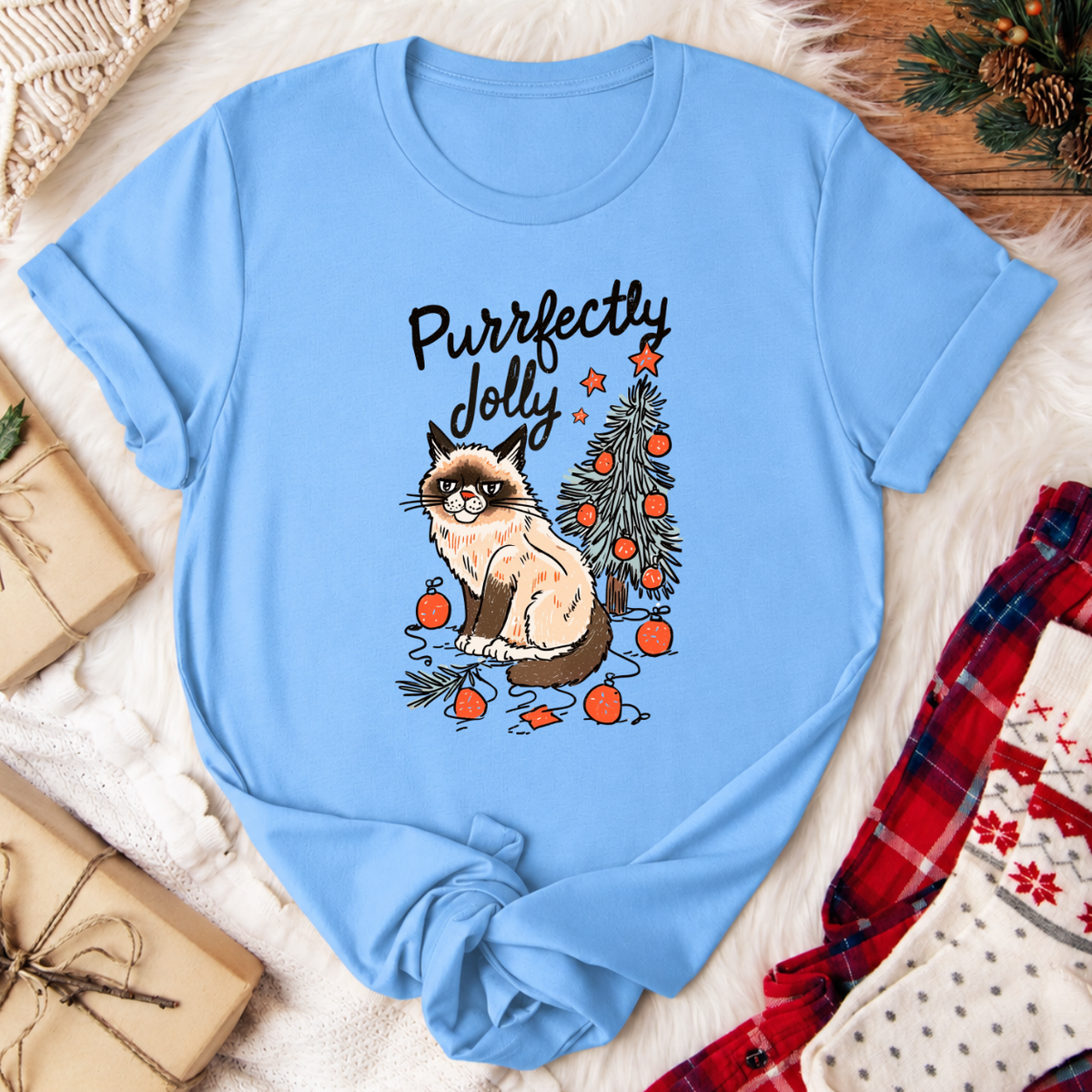 Purrfectly Jolly Cat Christmas T-Shirt - Carolina Blue