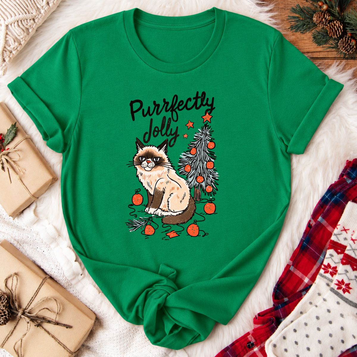 Purrfectly Jolly Cat Christmas T-Shirt - Kelly Green