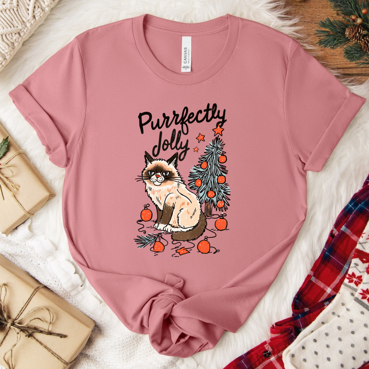 Purrfectly Jolly Cat Christmas T-Shirt - Mauve