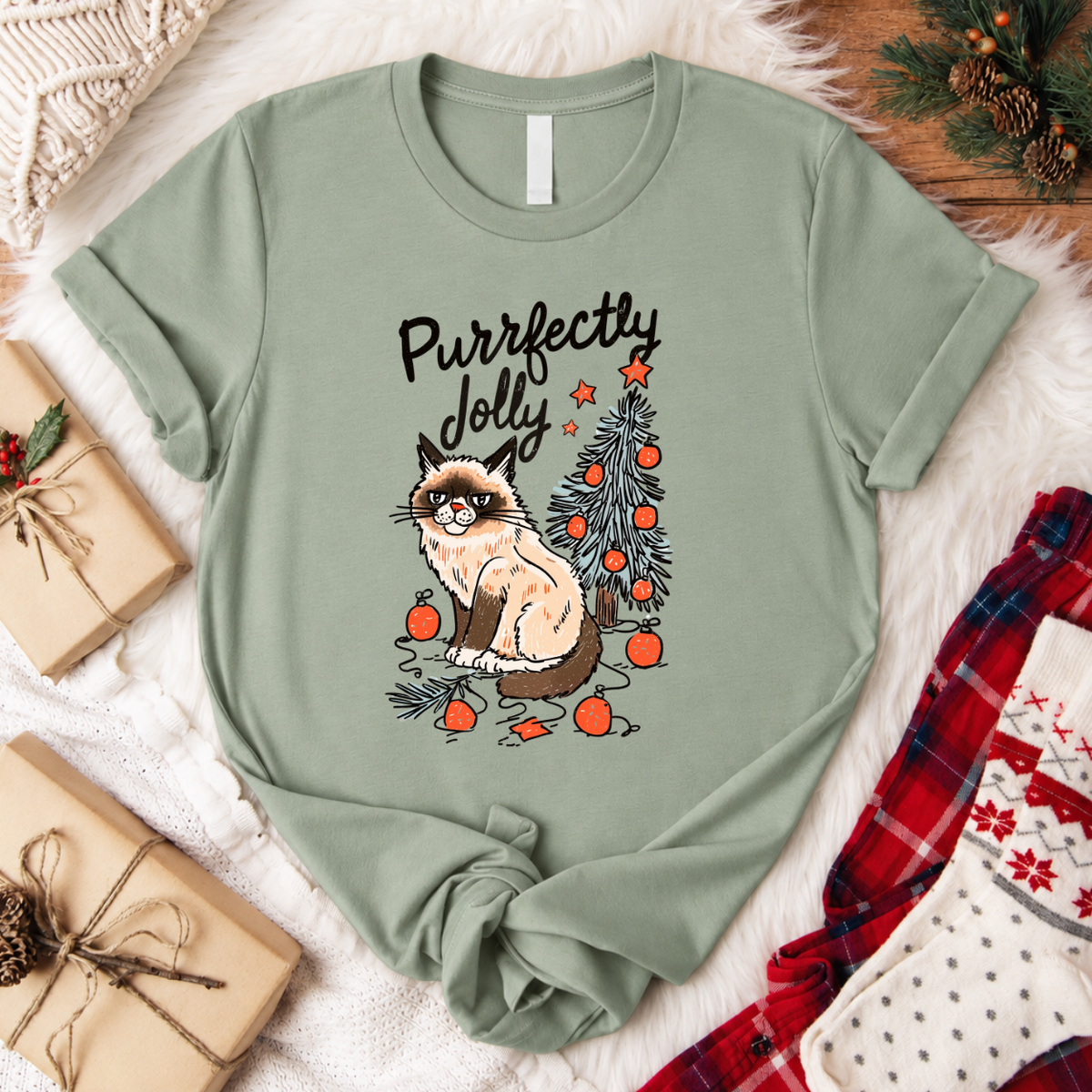 Purrfectly Jolly Cat Christmas T-Shirt - Sage