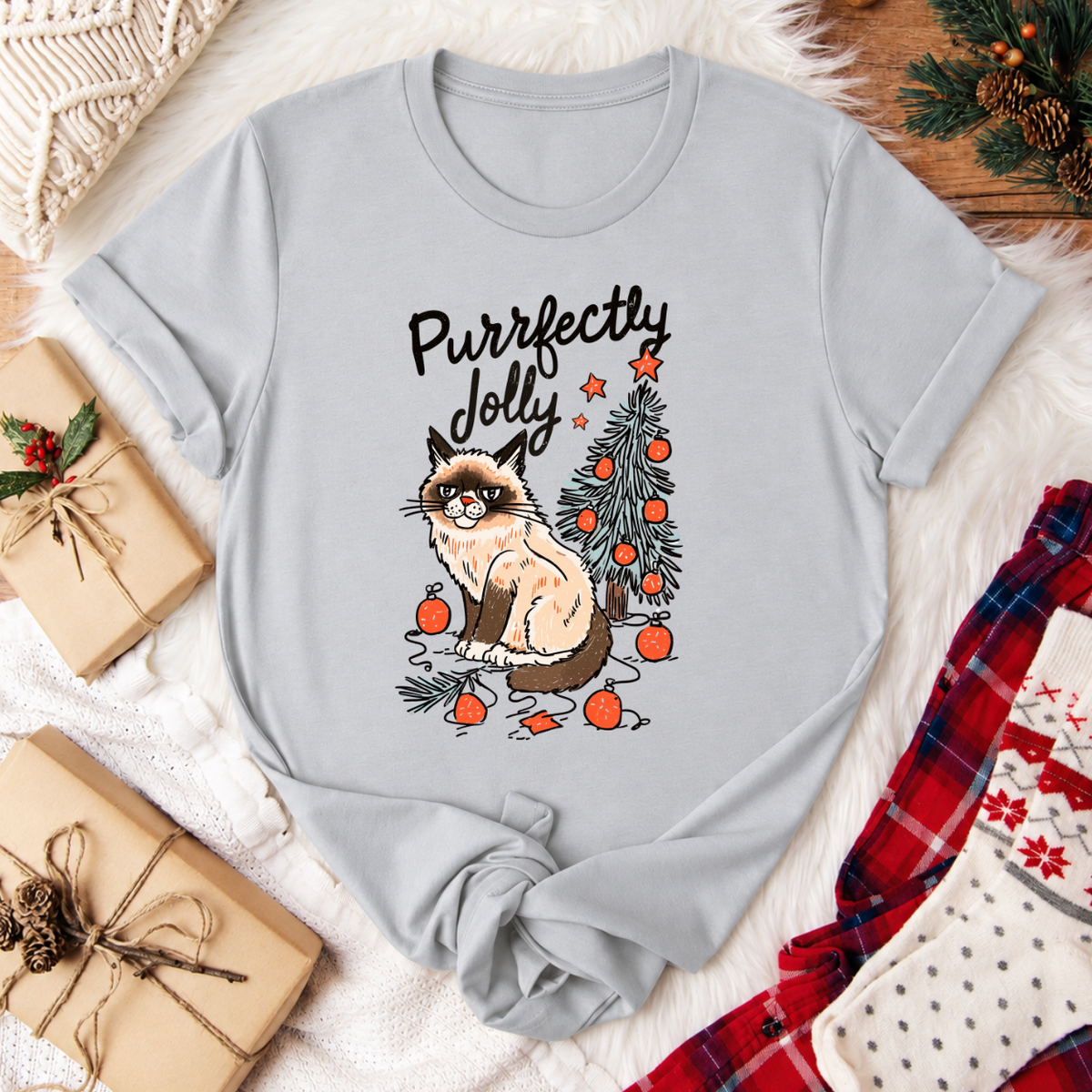 Purrfectly Jolly Cat Christmas T-Shirt - Silver