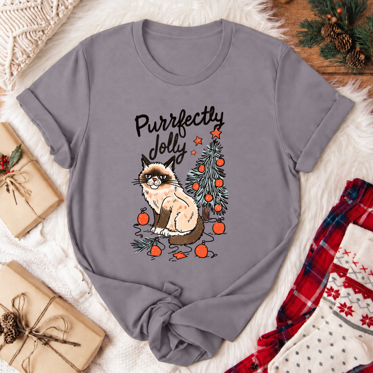 Purrfectly Jolly Cat Christmas T-Shirt - Storm