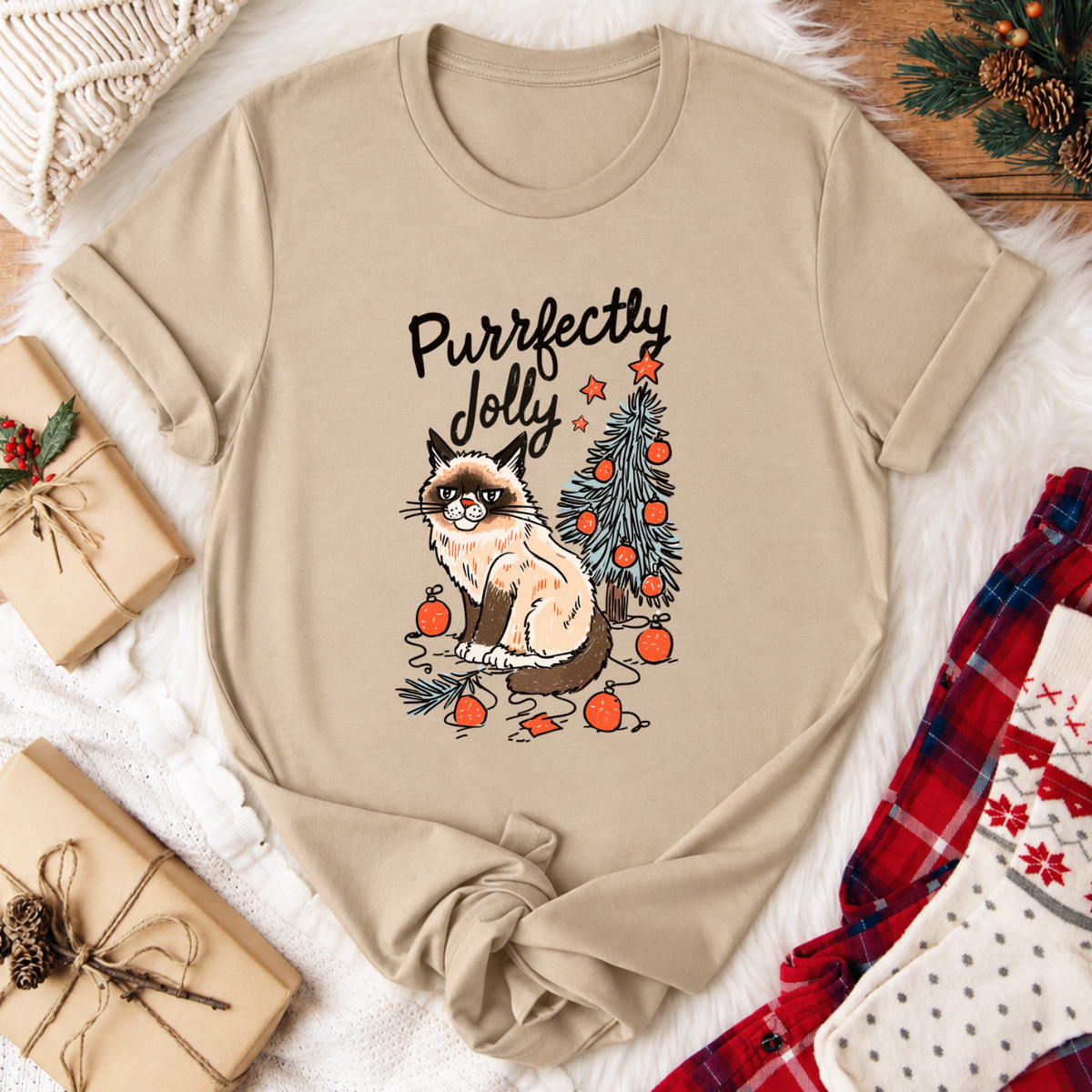 Purrfectly Jolly Cat Christmas T-Shirt - Tan