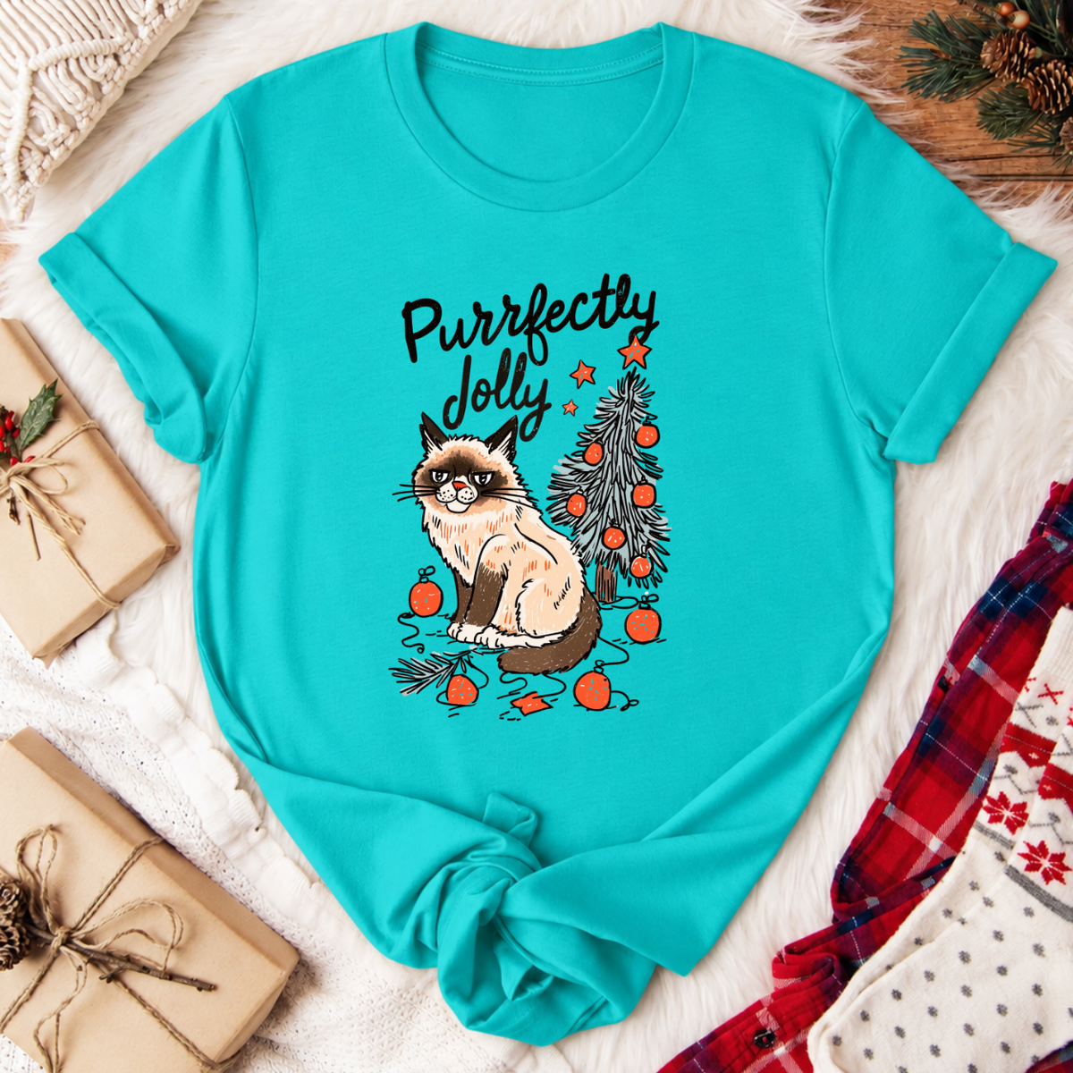 Purrfectly Jolly Cat Christmas T-Shirt - Teal