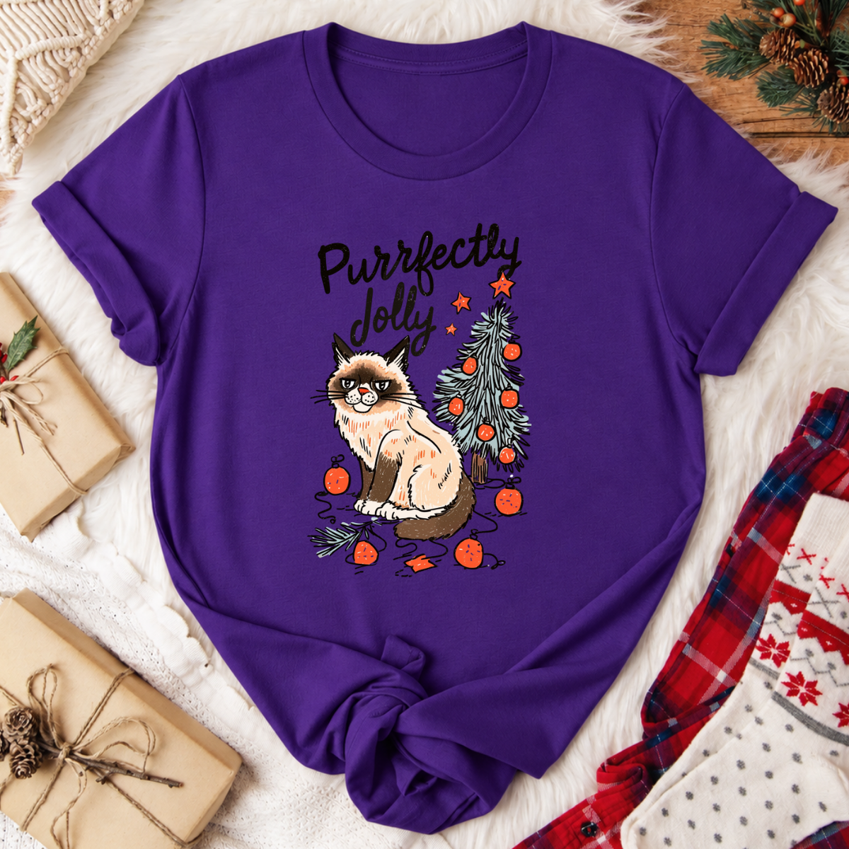 Purrfectly Jolly Cat Christmas T-Shirt - Team Purple