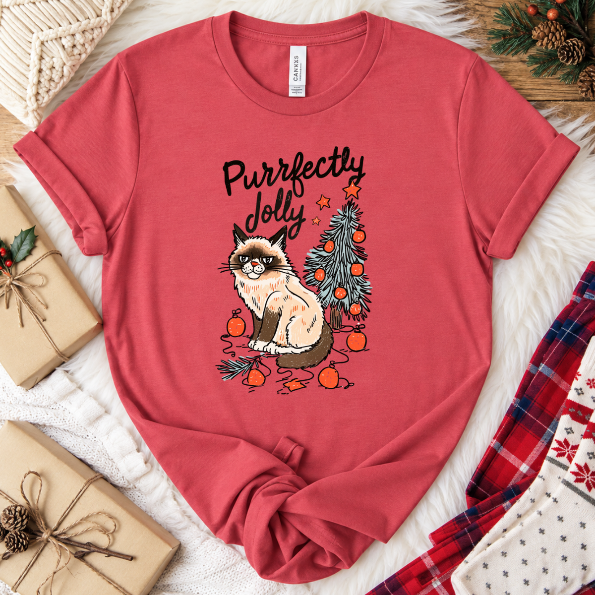 Purrfectly Jolly Cat Christmas T-Shirt - Vintage Red