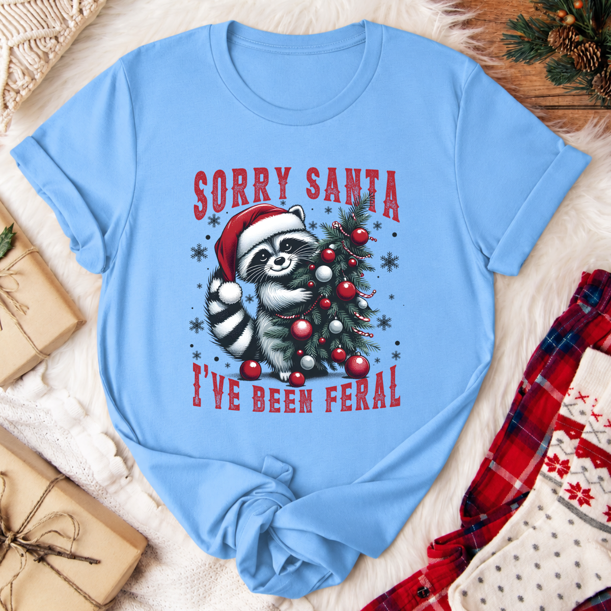 Sorry Santa I've Been Feral Raccoon Christmas T-Shirt - Carolina Blue