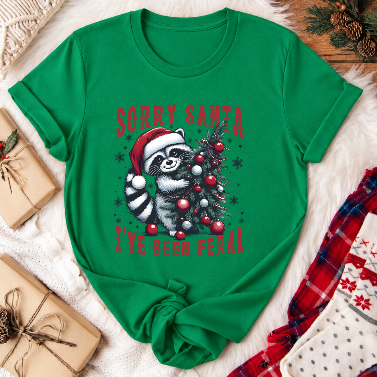 Sorry Santa I've Been Feral Raccoon Christmas T-Shirt - Kelly Green