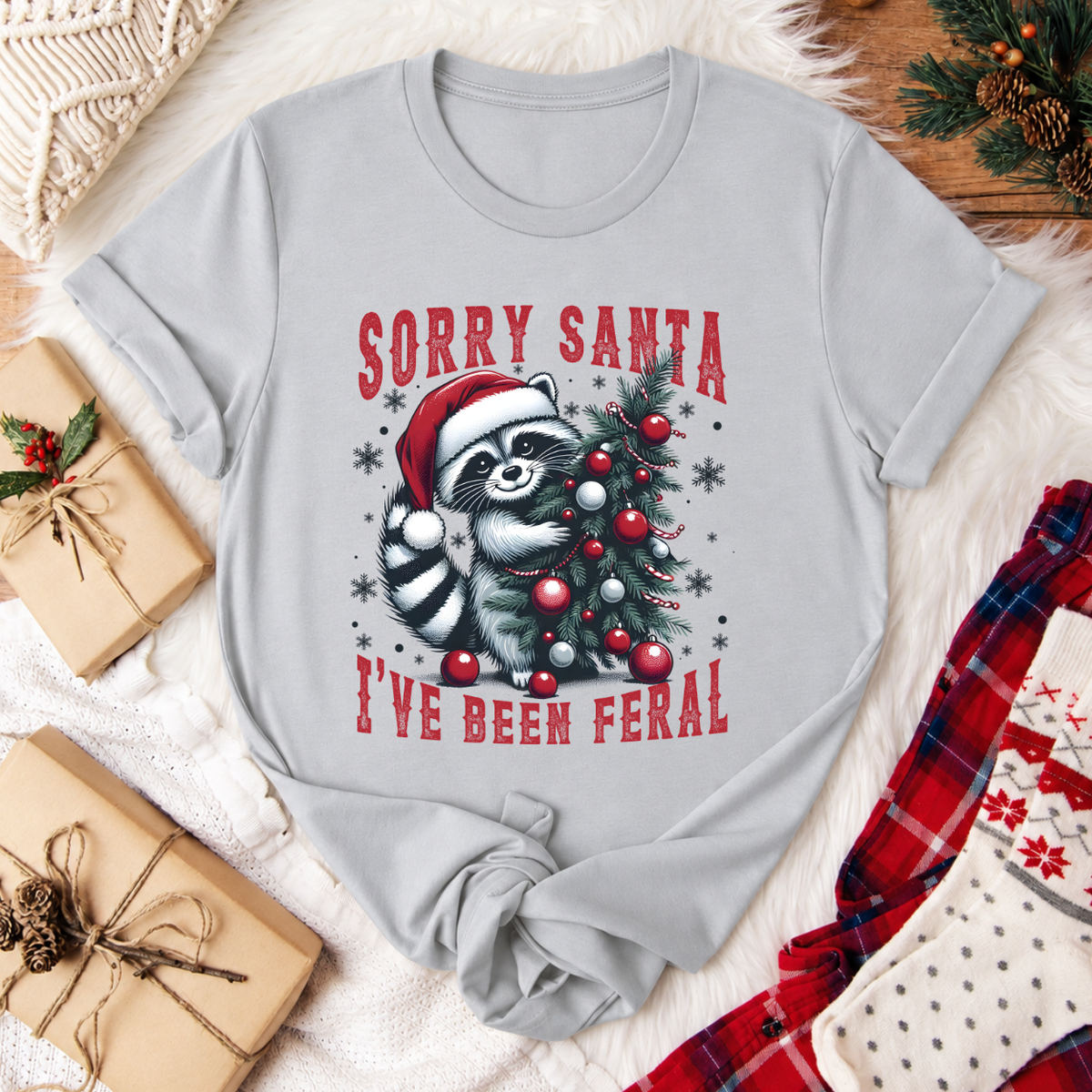 Sorry Santa I've Been Feral Raccoon Christmas T-Shirt - Silver