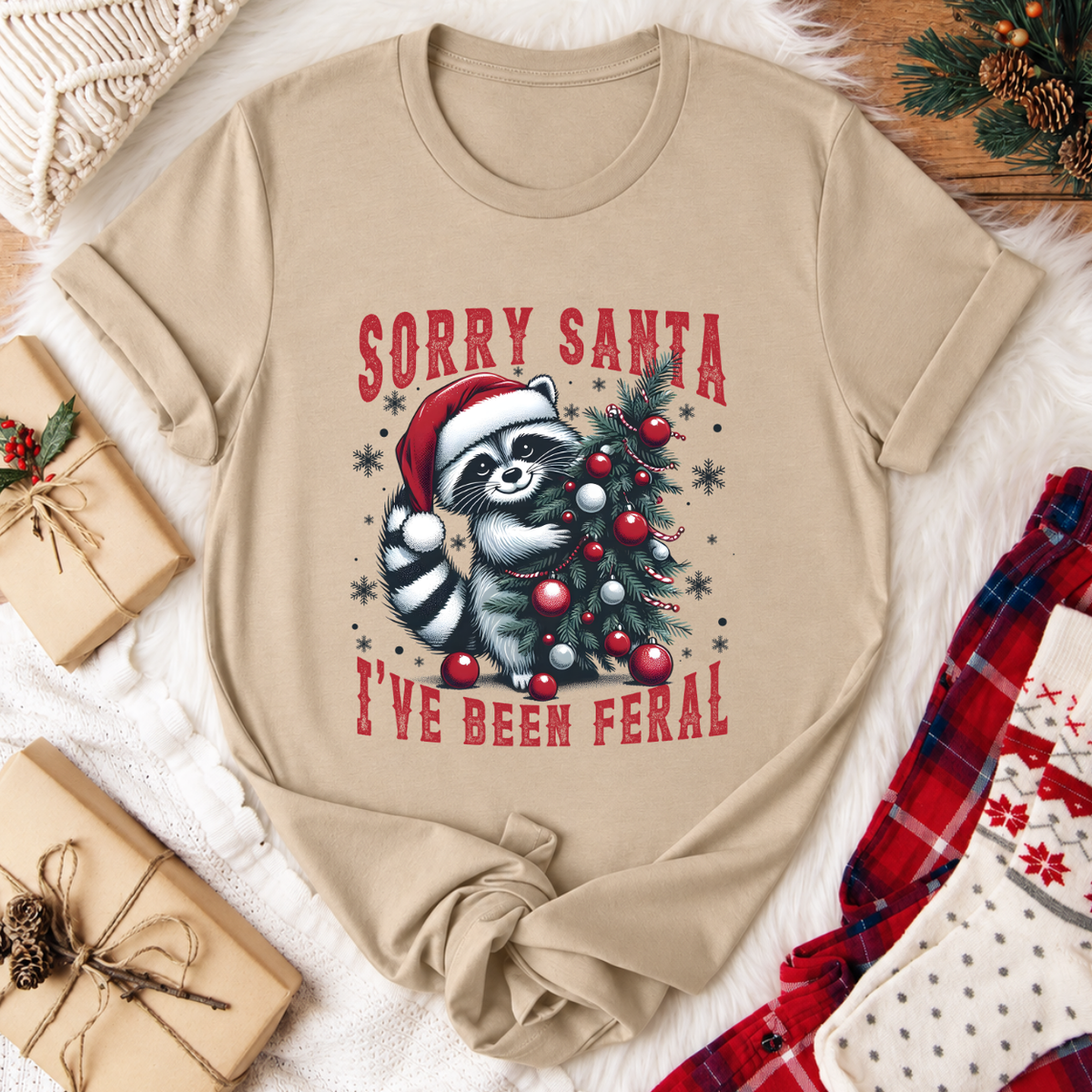 Sorry Santa I've Been Feral Raccoon Christmas T-Shirt - Tan